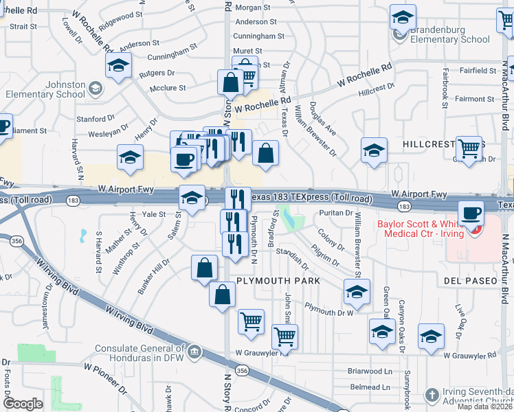 map of restaurants, bars, coffee shops, grocery stores, and more near 2103 Plymouth Drive North in Irving