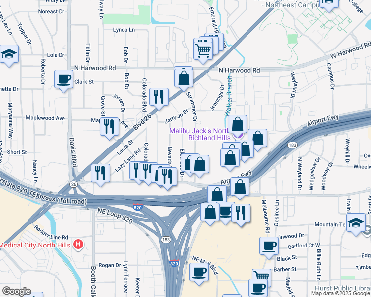 map of restaurants, bars, coffee shops, grocery stores, and more near 4912 Eldorado Drive in Fort Worth