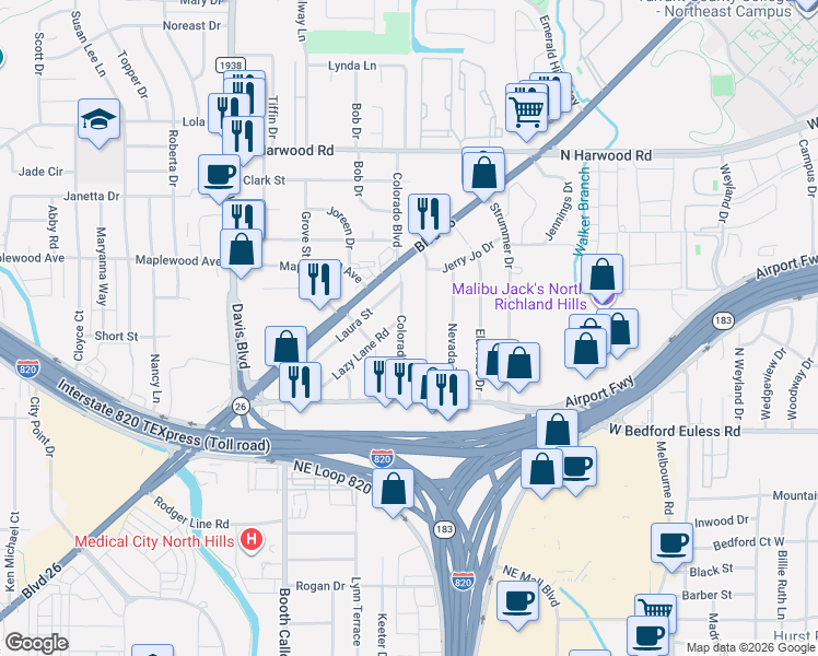 map of restaurants, bars, coffee shops, grocery stores, and more near 4916 Colorado Boulevard in North Richland Hills