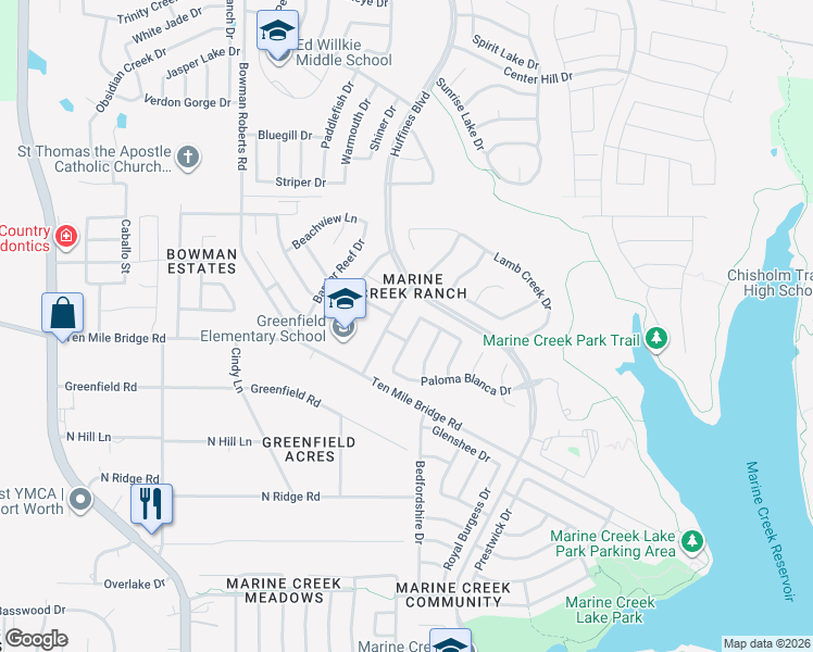 map of restaurants, bars, coffee shops, grocery stores, and more near 5701 Piedra Drive in Fort Worth