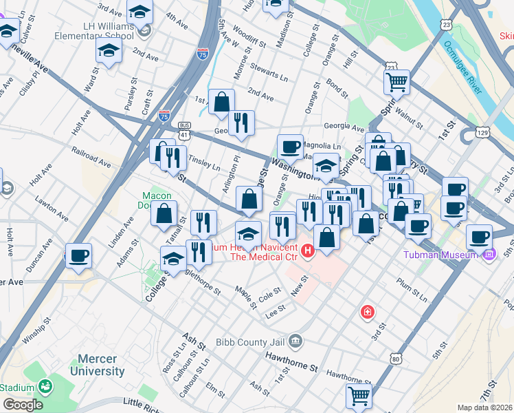 map of restaurants, bars, coffee shops, grocery stores, and more near 676 College Street in Macon