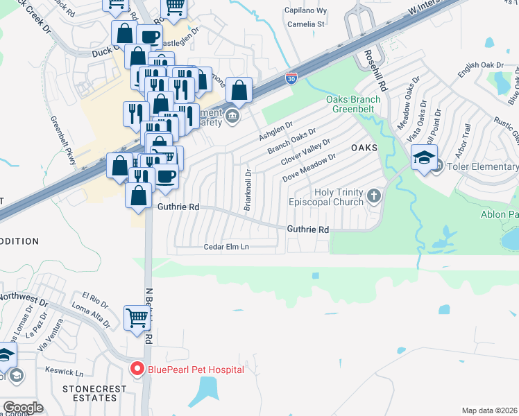 map of restaurants, bars, coffee shops, grocery stores, and more near 6430 Briarknoll Drive in Garland
