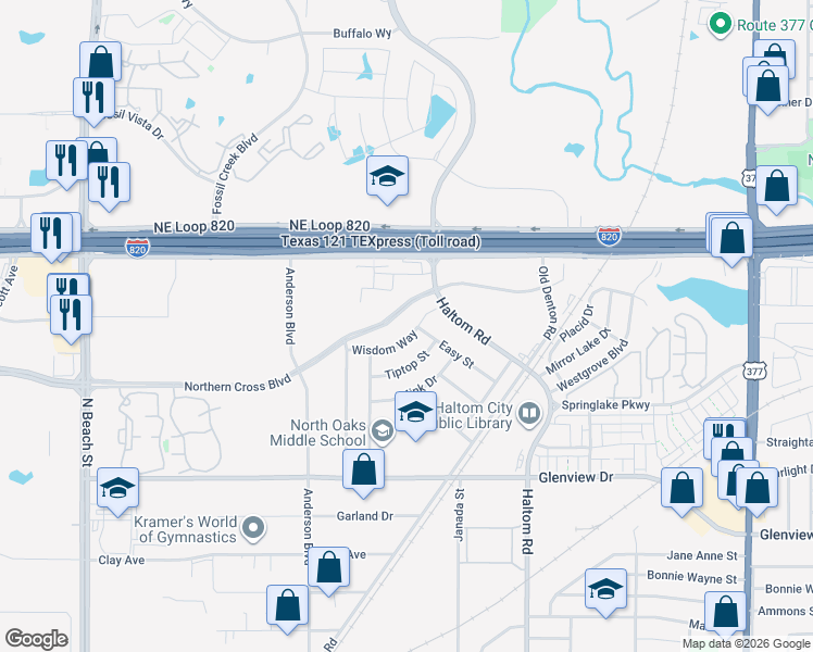map of restaurants, bars, coffee shops, grocery stores, and more near 4513 Wisdom Way in Haltom City