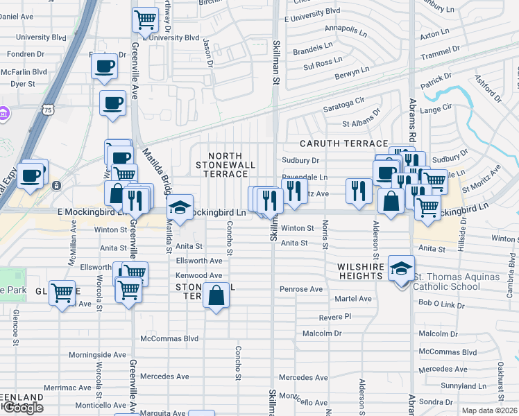 map of restaurants, bars, coffee shops, grocery stores, and more near 4202 Somerville Avenue in Dallas