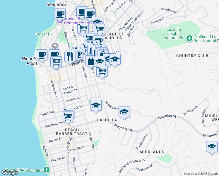 map of restaurants, bars, coffee shops, grocery stores, and more near 7159 Fay Avenue in San Diego