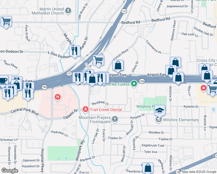 map of restaurants, bars, coffee shops, grocery stores, and more near 2051 Airport Fwy in Euless