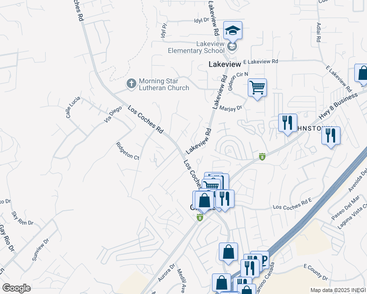 map of restaurants, bars, coffee shops, grocery stores, and more near 8819 Los Coches Road in Lakeside