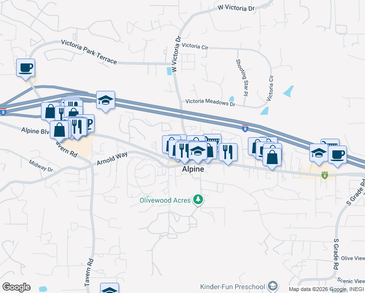 map of restaurants, bars, coffee shops, grocery stores, and more near 2137 Alpine Glen Place in Alpine