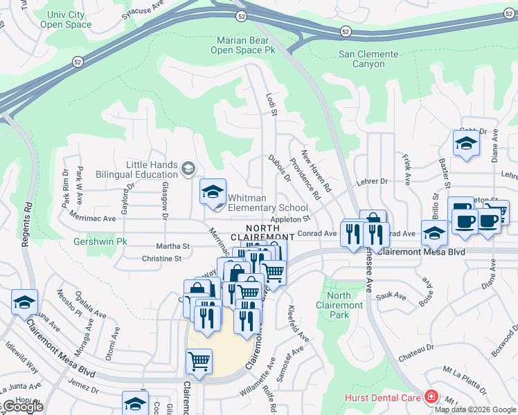 map of restaurants, bars, coffee shops, grocery stores, and more near 5030 Cole Street in San Diego