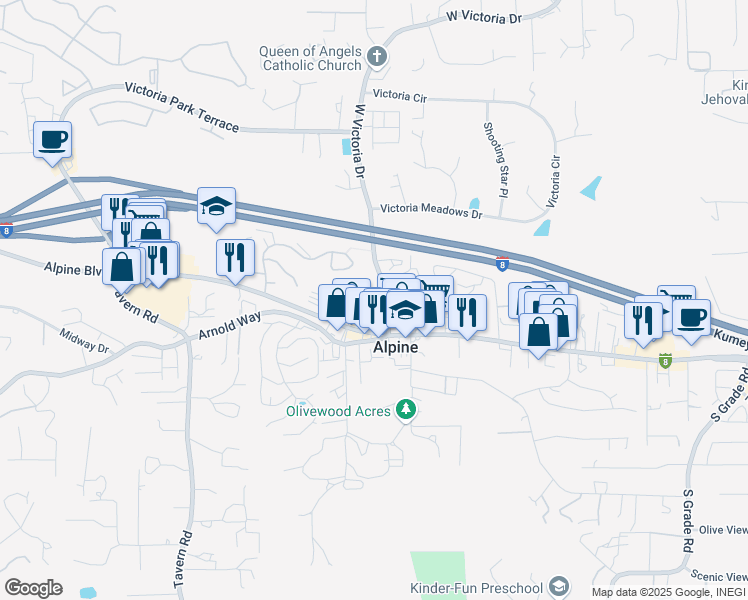 map of restaurants, bars, coffee shops, grocery stores, and more near 2134 Alpine Glen Place in Alpine