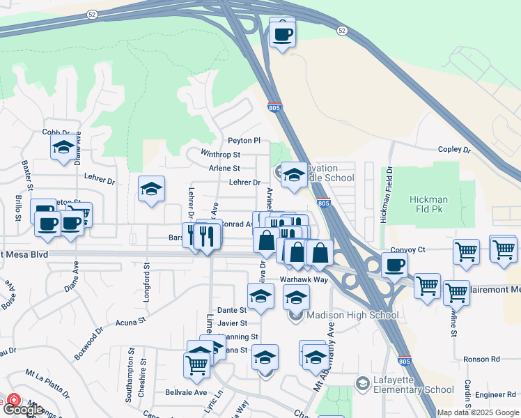 map of restaurants, bars, coffee shops, grocery stores, and more near 5033 Roscrea Ave in San Diego