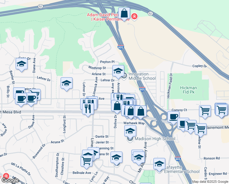 map of restaurants, bars, coffee shops, grocery stores, and more near 5033 Roscrea Avenue in San Diego