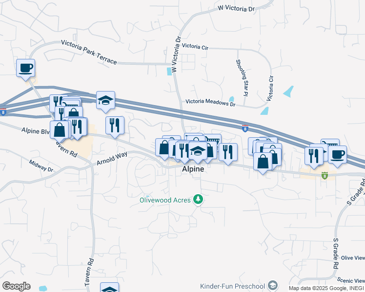 map of restaurants, bars, coffee shops, grocery stores, and more near 2137 Alpine Glen Place in Alpine