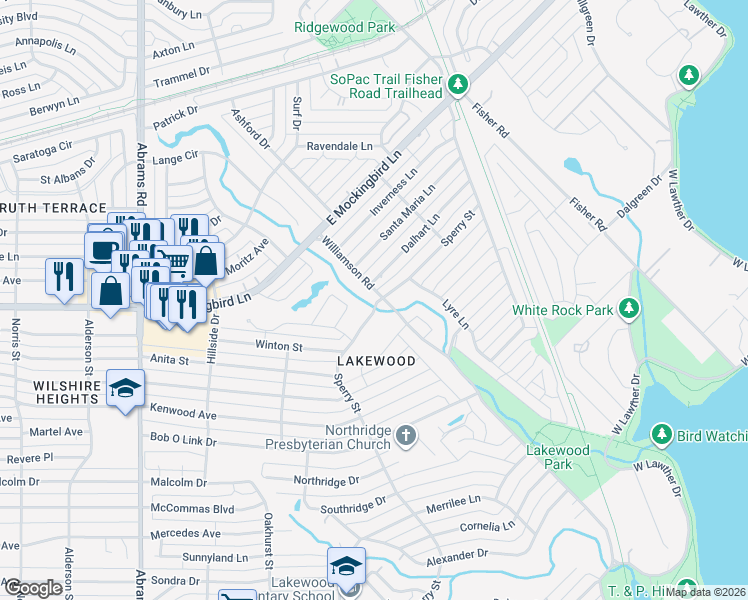 map of restaurants, bars, coffee shops, grocery stores, and more near 6802 Williamson Road in Dallas