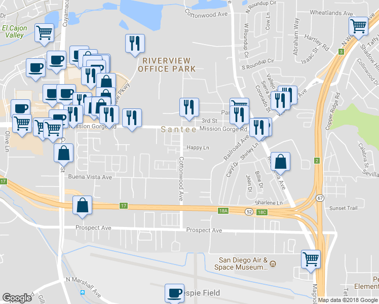 map of restaurants, bars, coffee shops, grocery stores, and more near 10315 Gienke Lane in Santee