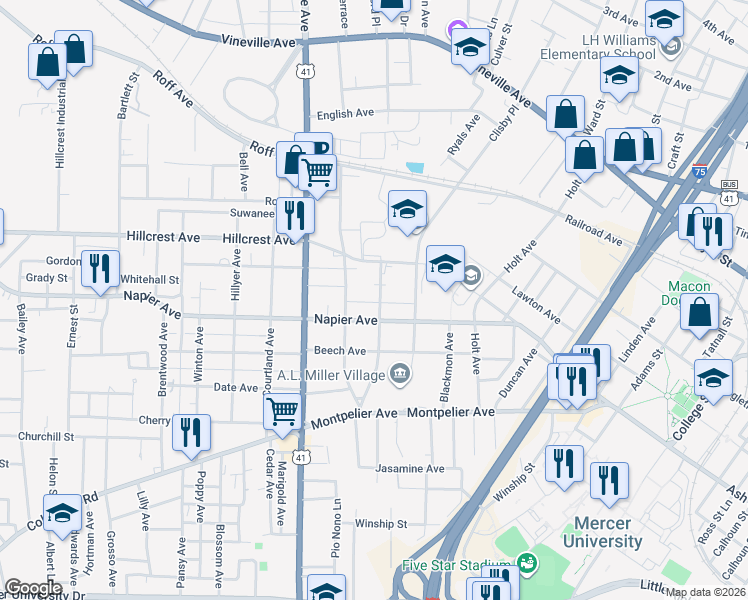 map of restaurants, bars, coffee shops, grocery stores, and more near 2423 Napier Avenue in Macon