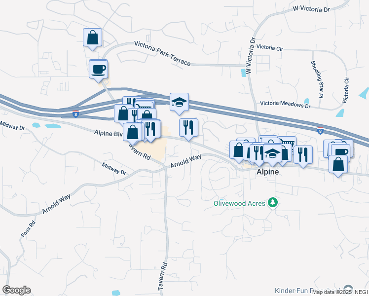 map of restaurants, bars, coffee shops, grocery stores, and more near 1849 Alpine Boulevard in Alpine