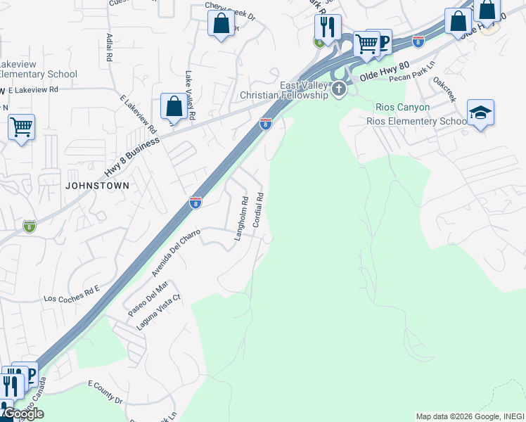map of restaurants, bars, coffee shops, grocery stores, and more near 8643 Cordial Road in El Cajon