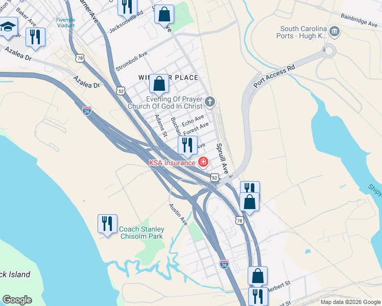 map of restaurants, bars, coffee shops, grocery stores, and more near 2017 Irving Avenue in North Charleston