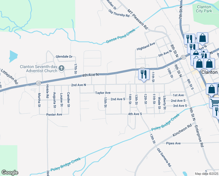map of restaurants, bars, coffee shops, grocery stores, and more near 1407 2nd Avenue North in Clanton