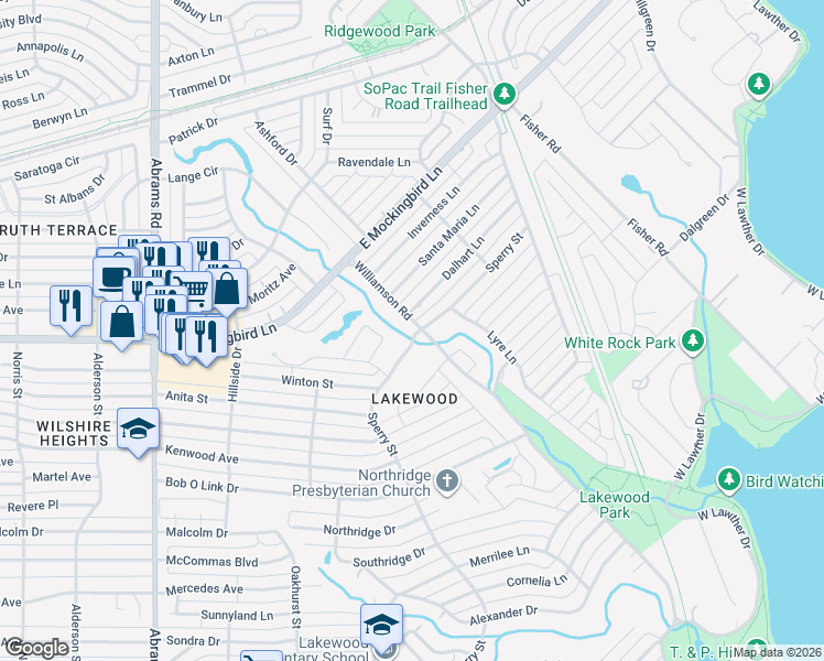map of restaurants, bars, coffee shops, grocery stores, and more near 6802 Williamson Road in Dallas