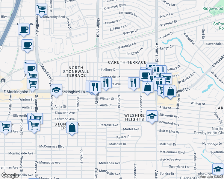 map of restaurants, bars, coffee shops, grocery stores, and more near 6150 East Mockingbird Lane in Dallas