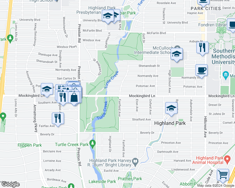 map of restaurants, bars, coffee shops, grocery stores, and more near 3900 Mockingbird Lane in Dallas