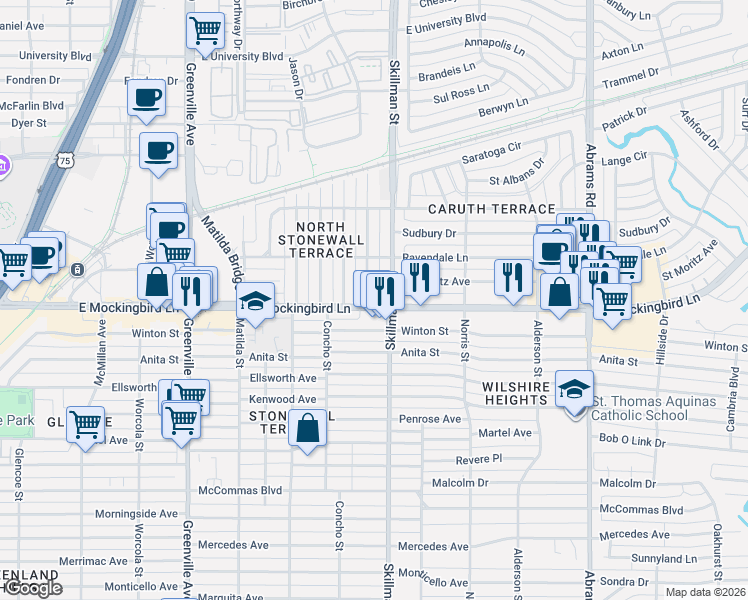 map of restaurants, bars, coffee shops, grocery stores, and more near in Dallas