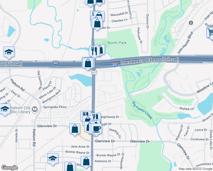 map of restaurants, bars, coffee shops, grocery stores, and more near 5617 Coventry Park Drive in Haltom City