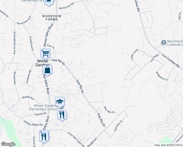 map of restaurants, bars, coffee shops, grocery stores, and more near 12135 Los Amigos Way in Lakeside