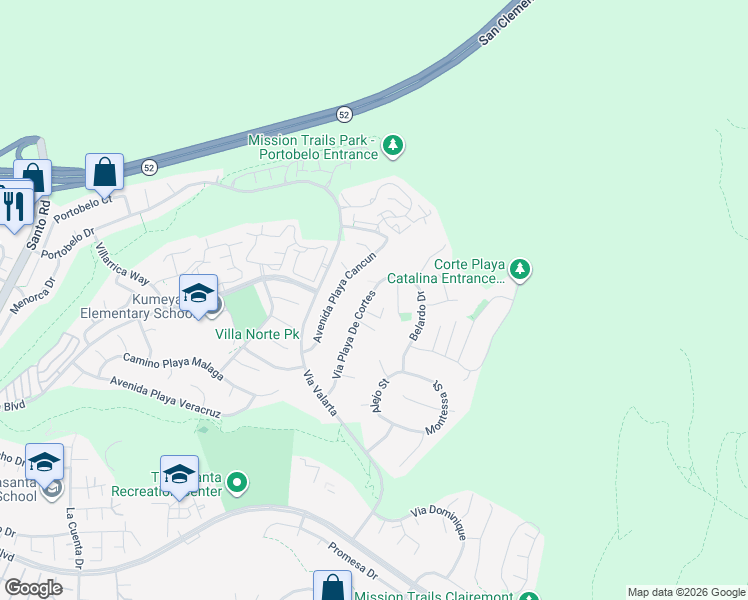 map of restaurants, bars, coffee shops, grocery stores, and more near 5150 Corte Playa San Juan in San Diego