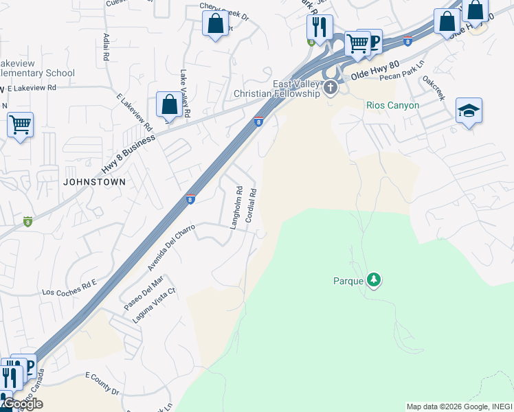 map of restaurants, bars, coffee shops, grocery stores, and more near 8659 Cordial Road in El Cajon