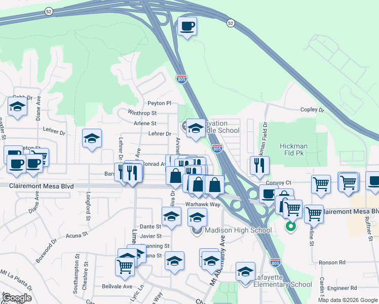 map of restaurants, bars, coffee shops, grocery stores, and more near 5505 Norwich Street in San Diego