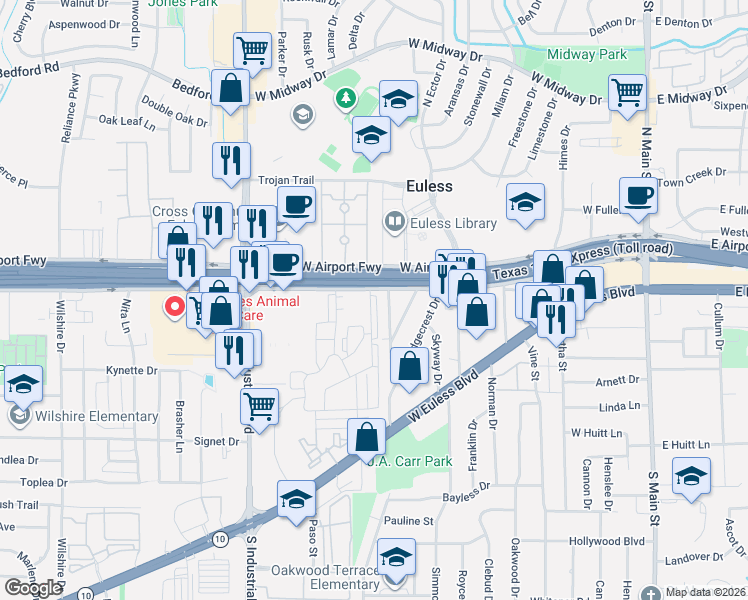 map of restaurants, bars, coffee shops, grocery stores, and more near 801 Airport Freeway in Euless