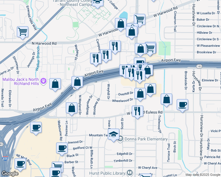 map of restaurants, bars, coffee shops, grocery stores, and more near 1420 Wreyhill Drive in Hurst