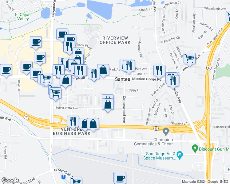 map of restaurants, bars, coffee shops, grocery stores, and more near 1411 Katie Lane in Santee