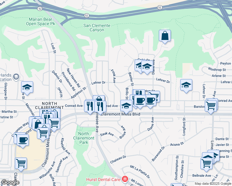 map of restaurants, bars, coffee shops, grocery stores, and more near 5035 Ensign Street in San Diego
