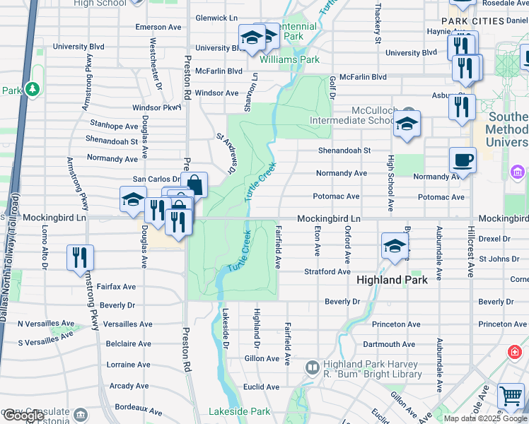 map of restaurants, bars, coffee shops, grocery stores, and more near 3900 Mockingbird Lane in Dallas