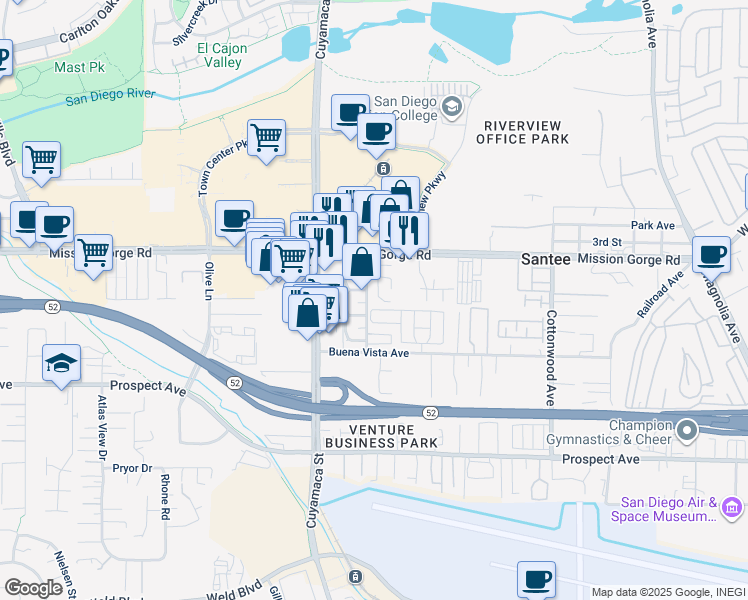 map of restaurants, bars, coffee shops, grocery stores, and more near 9855 Mission Viejo Court in Santee