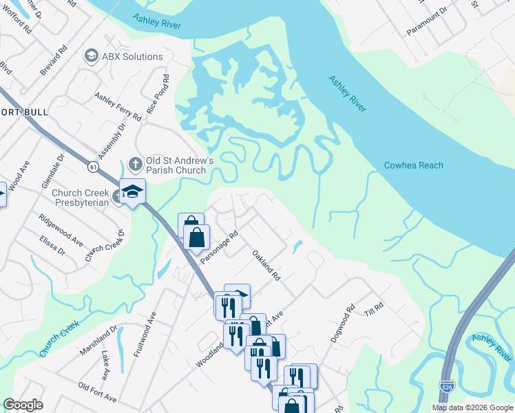 map of restaurants, bars, coffee shops, grocery stores, and more near 2272 Parsonage Road in Charleston