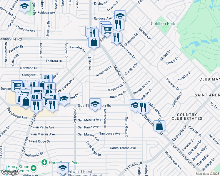 map of restaurants, bars, coffee shops, grocery stores, and more near 3118 Mayhew Drive in Dallas