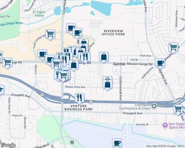 map of restaurants, bars, coffee shops, grocery stores, and more near 8834 Tamberly Lane in Santee