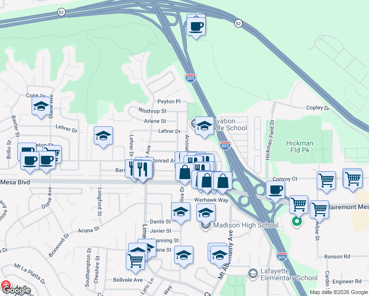 map of restaurants, bars, coffee shops, grocery stores, and more near 5020 Arvinels Avenue in San Diego