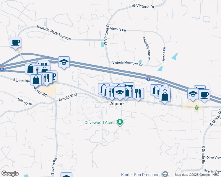map of restaurants, bars, coffee shops, grocery stores, and more near 2170 Alpine Glen Place in Alpine
