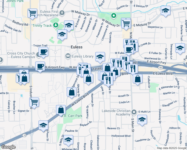 map of restaurants, bars, coffee shops, grocery stores, and more near 421 Airport Freeway in Euless