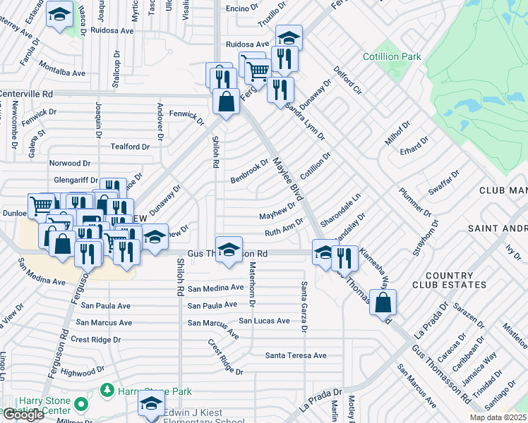 map of restaurants, bars, coffee shops, grocery stores, and more near 3118 Mayhew Drive in Dallas