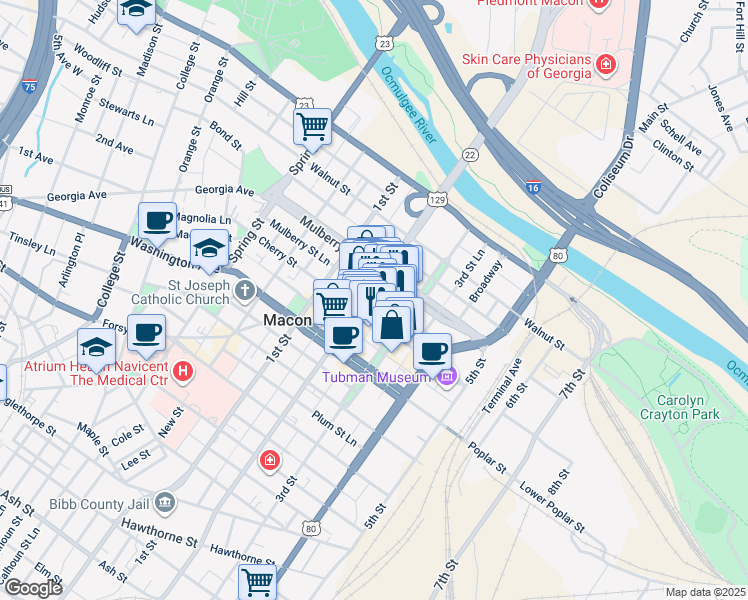 map of restaurants, bars, coffee shops, grocery stores, and more near 551 Cherry Street in Macon
