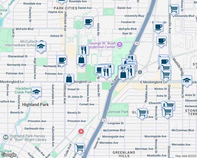 map of restaurants, bars, coffee shops, grocery stores, and more near 5809 Airline Road in Dallas