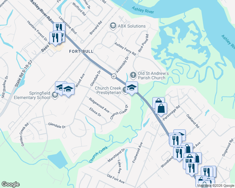 map of restaurants, bars, coffee shops, grocery stores, and more near 2556 Church Creek Drive in Charleston