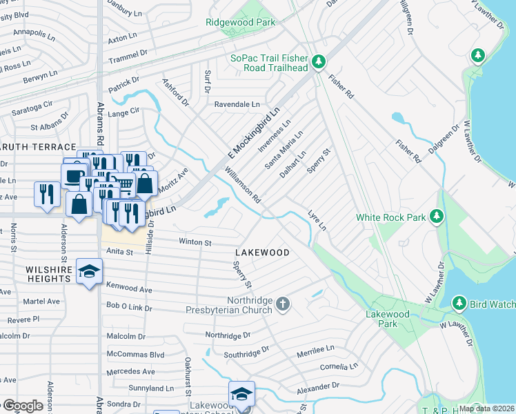 map of restaurants, bars, coffee shops, grocery stores, and more near 6802 Williamson Road in Dallas